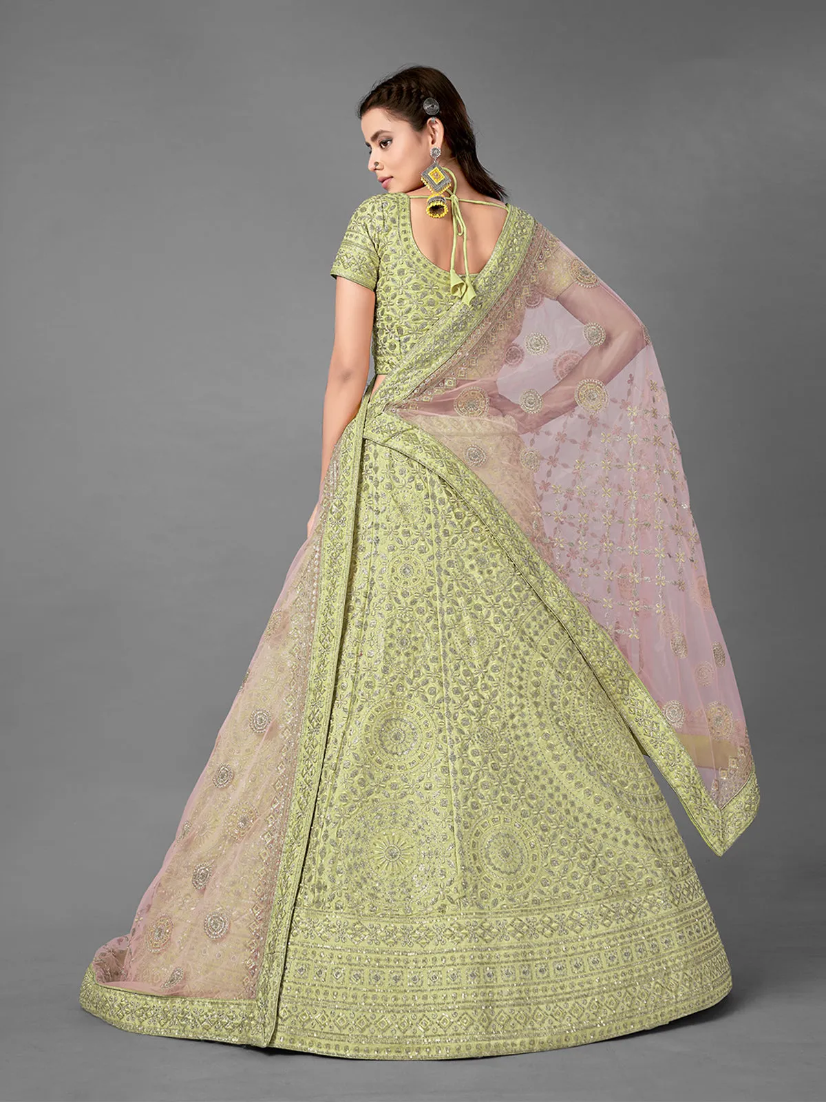 Green Embroidered Art Silk Semi Stitched Lehenga With Unstitched Blouse