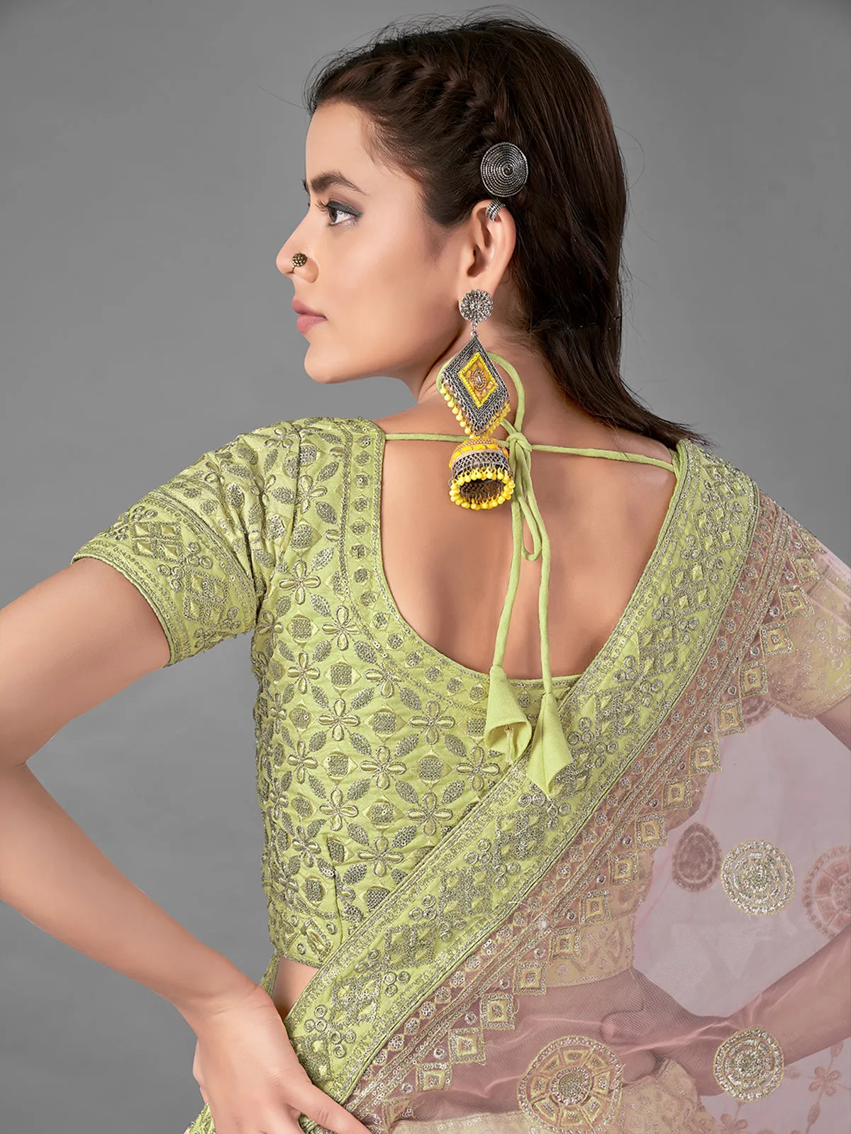 Green Embroidered Art Silk Semi Stitched Lehenga With Unstitched Blouse