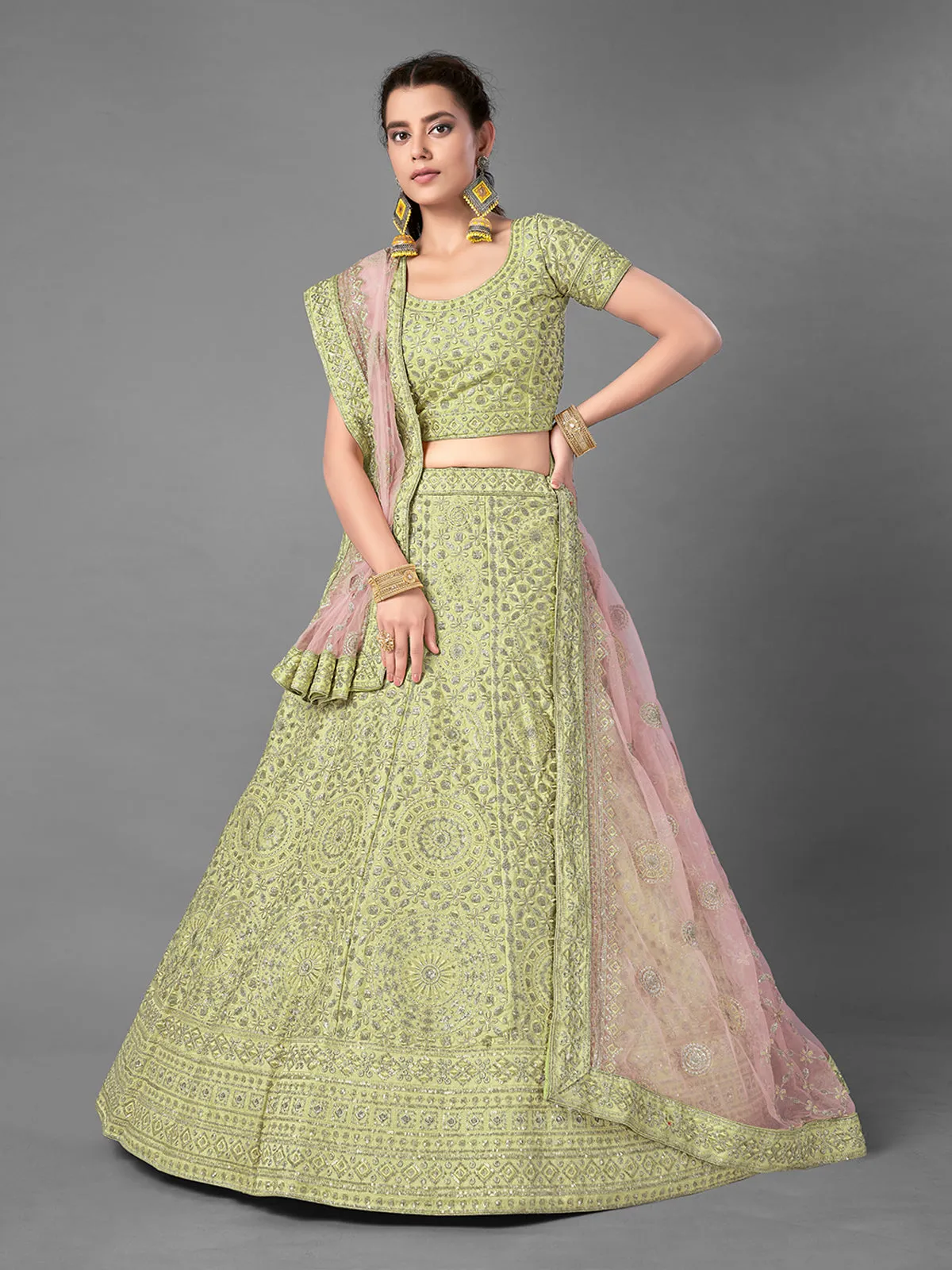 Green Embroidered Art Silk Semi Stitched Lehenga With Unstitched Blouse