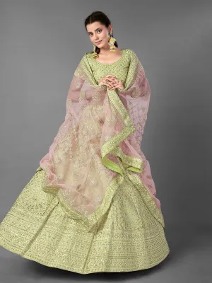 Green Embroidered Art Silk Semi Stitched Lehenga With Unstitched Blouse