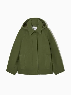 Green hooded boiled-wool coat