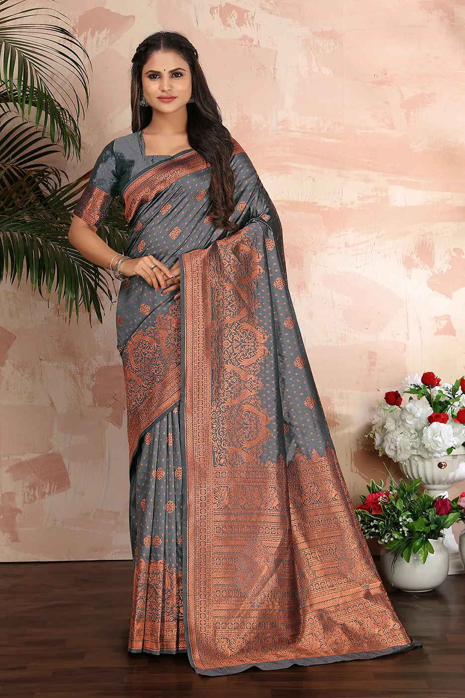 Grey woven banarasi silk traditional saree