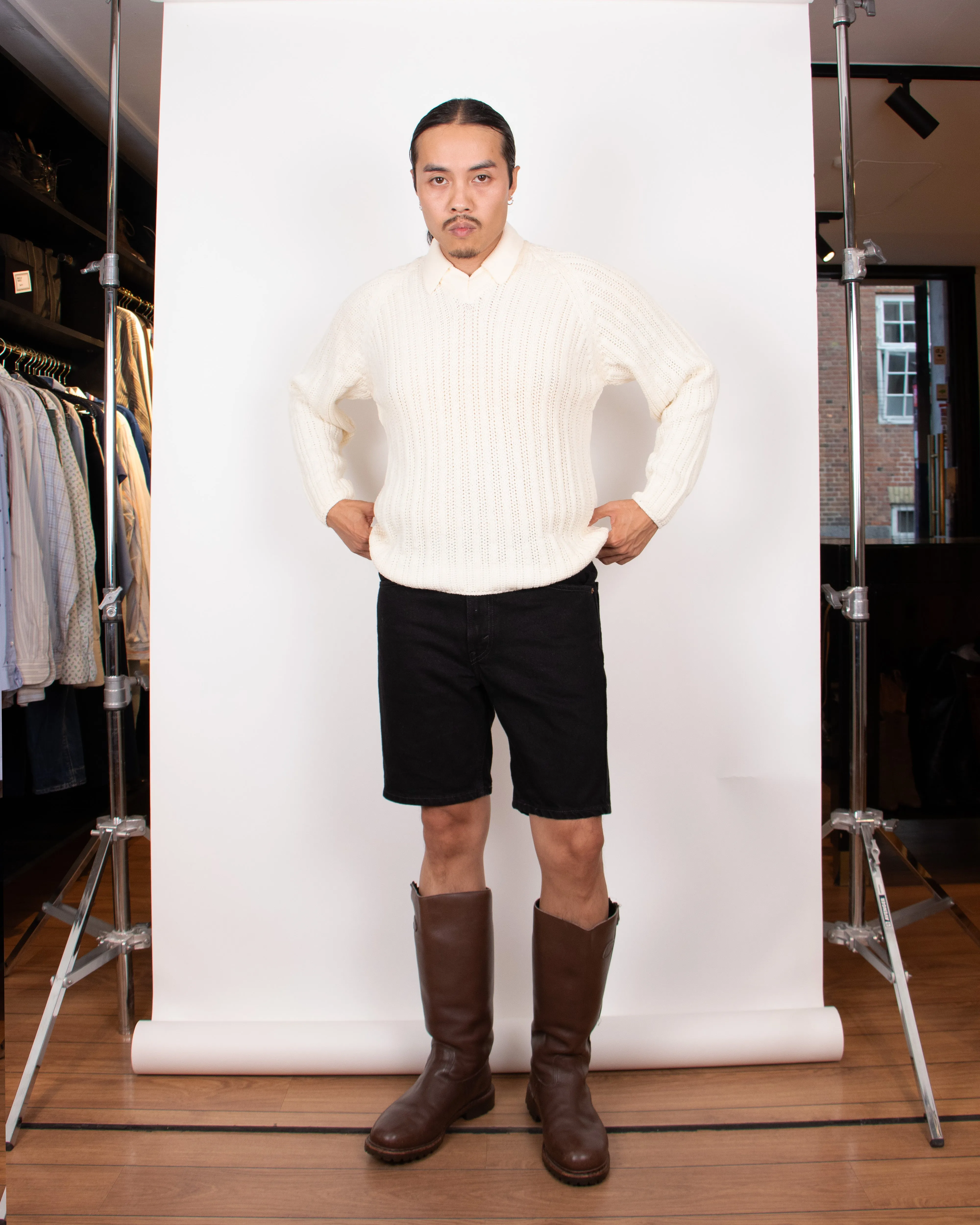 Hermès Ivory V-neck Chunky Wool Knit S