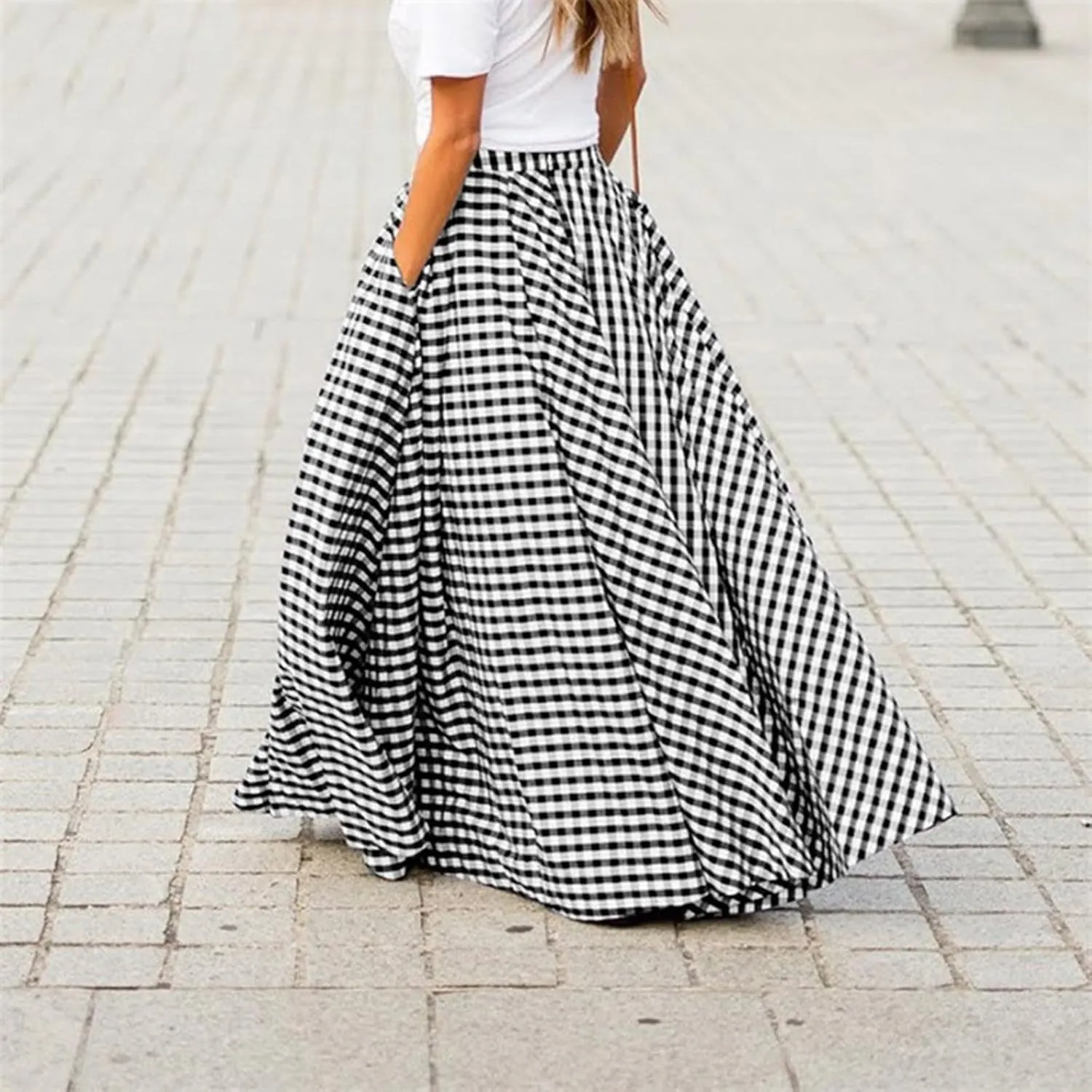 HGps8w Women's Plus Size Plaid Maxi Skirt with Pockets Casual Elegant High Waist Flared Flowy Long Skirt for 2025 Fall