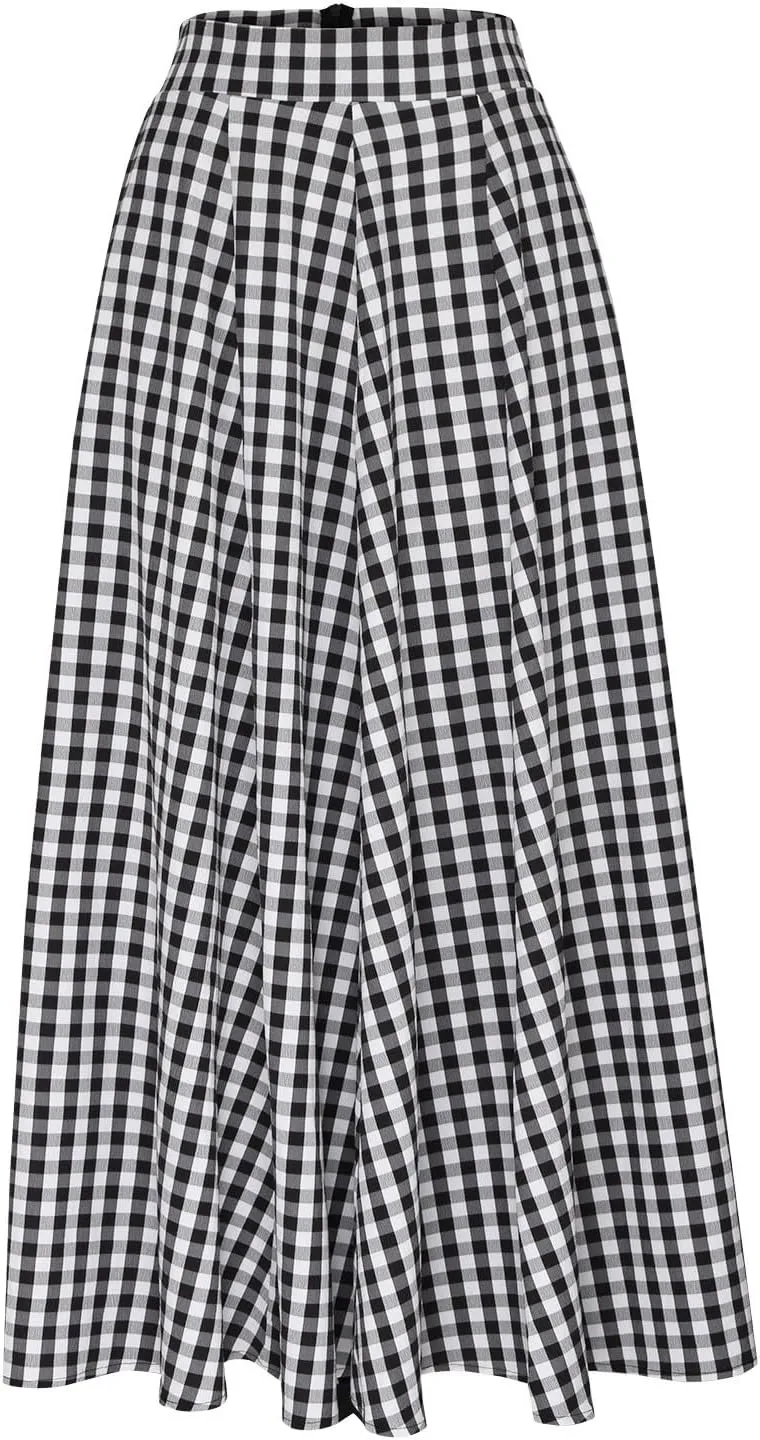 HGps8w Women's Plus Size Plaid Maxi Skirt with Pockets Casual Elegant High Waist Flared Flowy Long Skirt for 2025 Fall