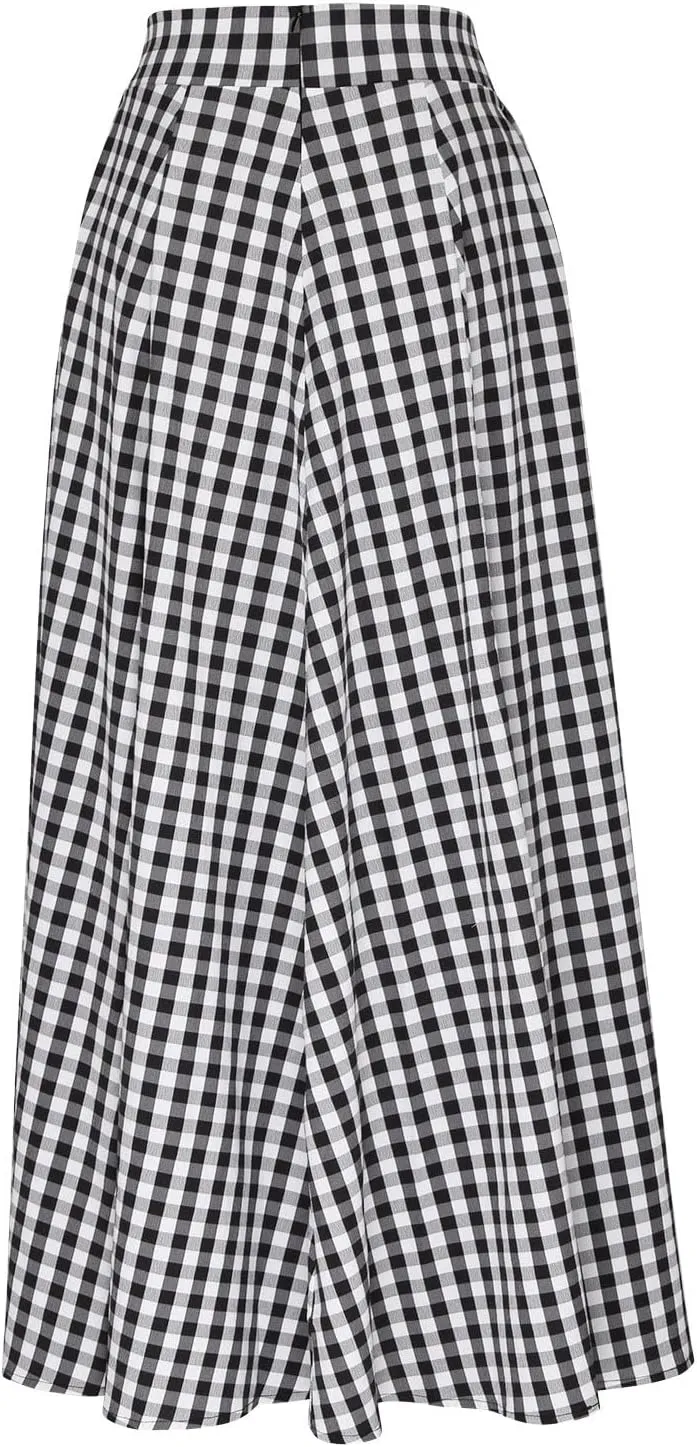HGps8w Women's Plus Size Plaid Maxi Skirt with Pockets Casual Elegant High Waist Flared Flowy Long Skirt for 2025 Fall