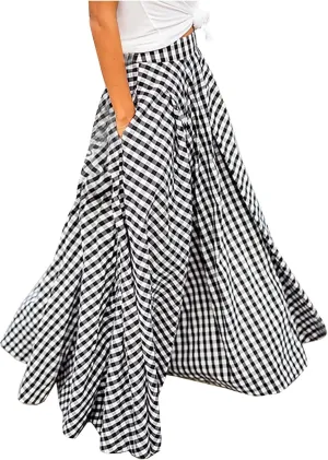 HGps8w Women's Plus Size Plaid Maxi Skirt with Pockets Casual Elegant High Waist Flared Flowy Long Skirt for 2025 Fall