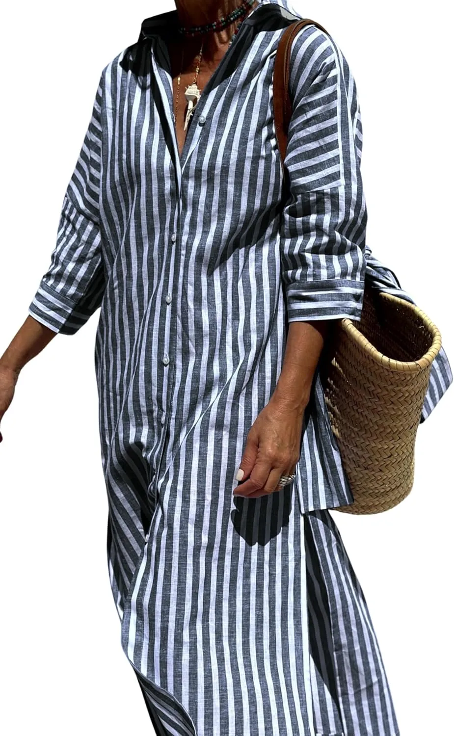Hooever Shirt Dresses for Women Casual Long Sleeve Button Down Loose Striped Cotton Maxi Shirt Dress(Navy-L)