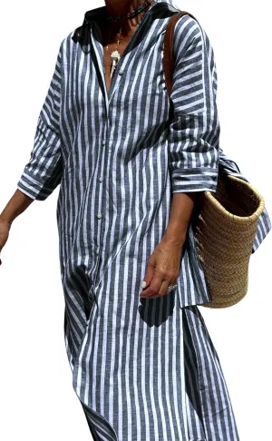 Hooever Shirt Dresses for Women Casual Long Sleeve Button Down Loose Striped Cotton Maxi Shirt Dress(Navy-L)