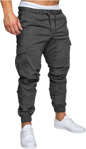 Joggers for Men Big and Tall Slim Fit Cargo Pants Drawstring Elastic Waist Pants Solid Hiking Pants Casual Dress Pants