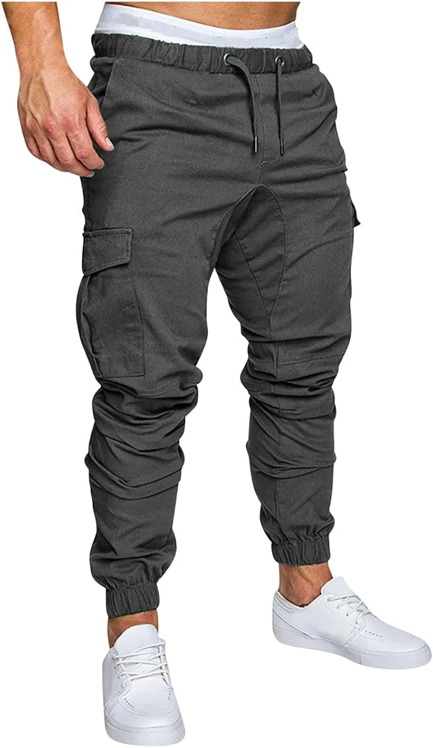 Joggers for Men Big and Tall Slim Fit Cargo Pants Drawstring Elastic Waist Pants Solid Hiking Pants Casual Dress Pants