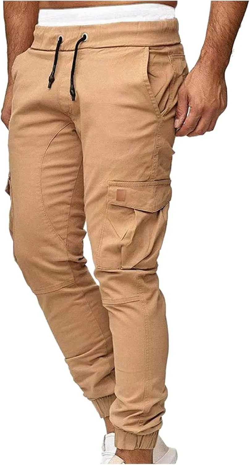 Joggers for Men Big and Tall Slim Fit Cargo Pants Drawstring Elastic Waist Pants Solid Hiking Pants Casual Dress Pants