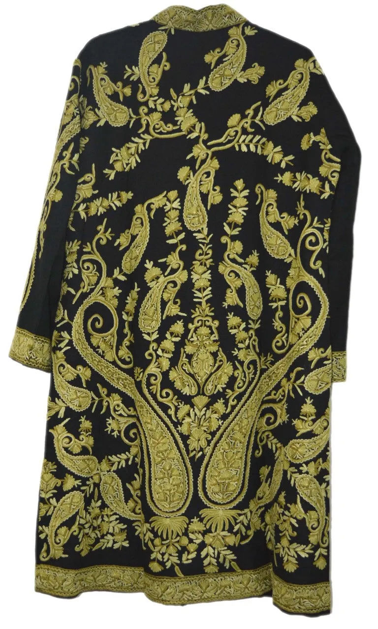 Kashmiri Woolen Coat Black, Green Embroidery #AO-151