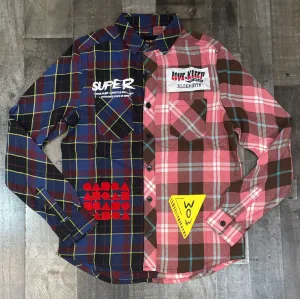 Kleep- flannel shirt w/ heavy cut blocks, heavy patch works & print effects (red)