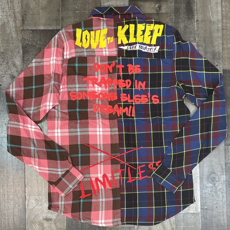 Kleep- flannel shirt w/ heavy cut blocks, heavy patch works & print effects (red)