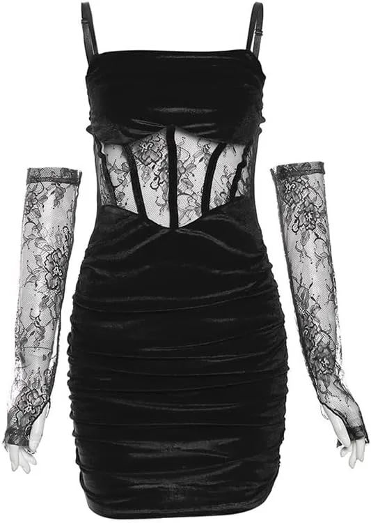 Lace Dress for Women Spaghetti Straps Bodycon Mini Dress Strappy Short Dress