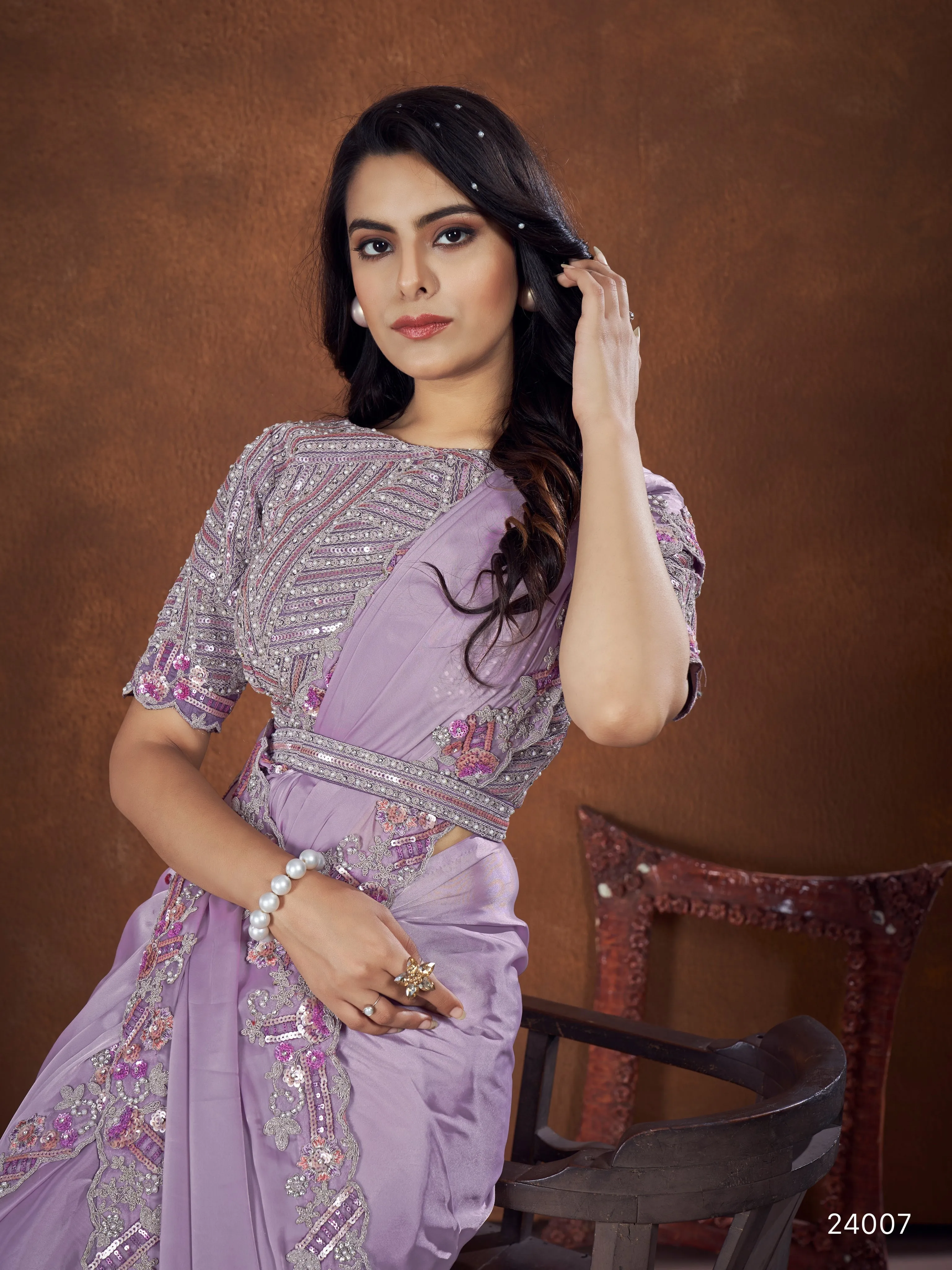 Lavendar Crepe Satin Silk Embroidered Saree with stitched Blouse