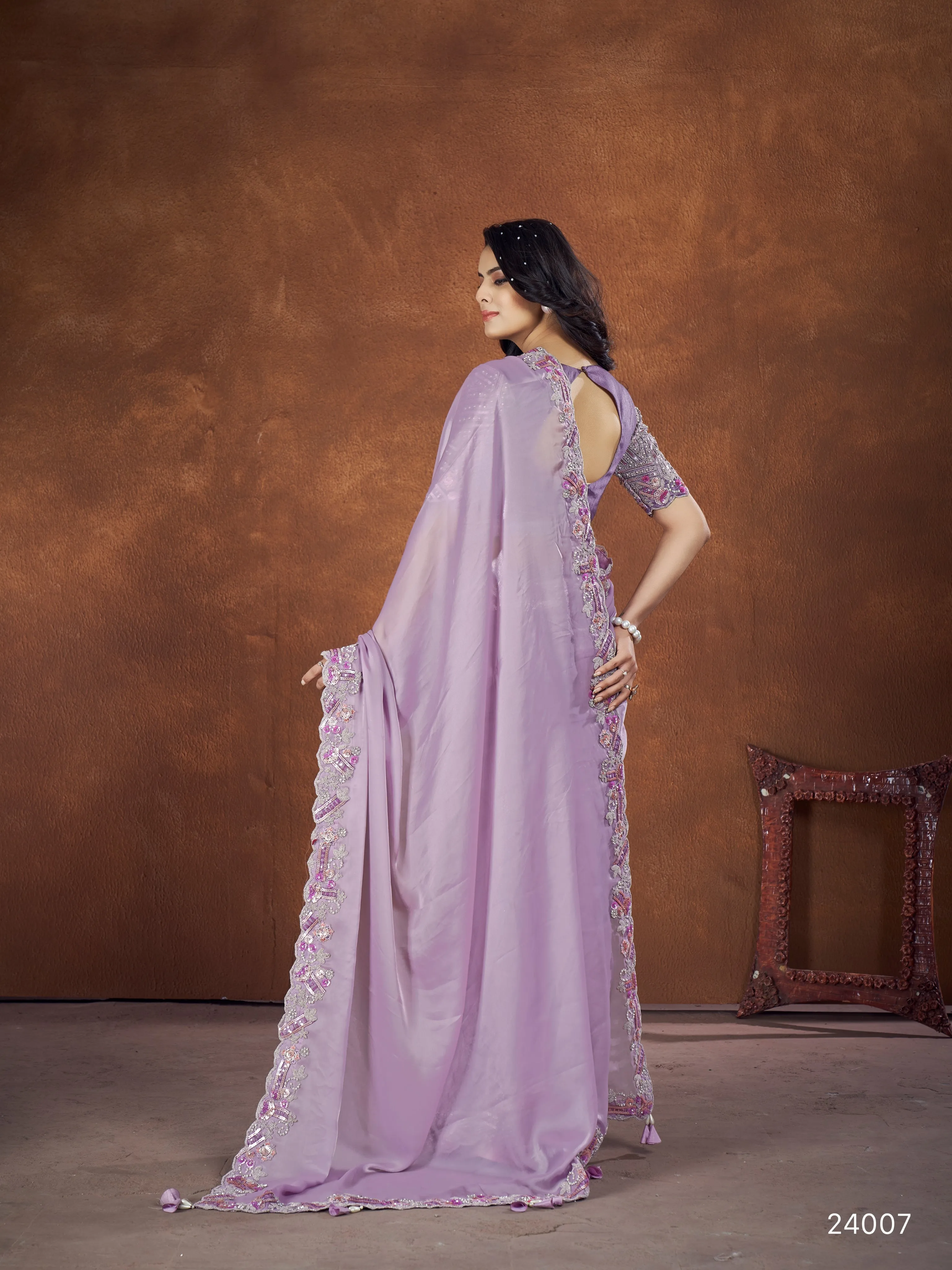 Lavendar Crepe Satin Silk Embroidered Saree with stitched Blouse