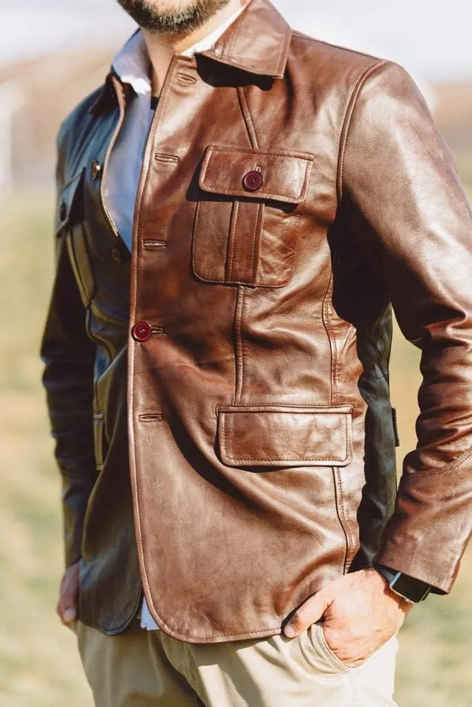 Leather Jacket Men | Vintage Four Pocket Genuine Leather Jacket | Shirt Collar Five Buttons Mens Leather Jacket