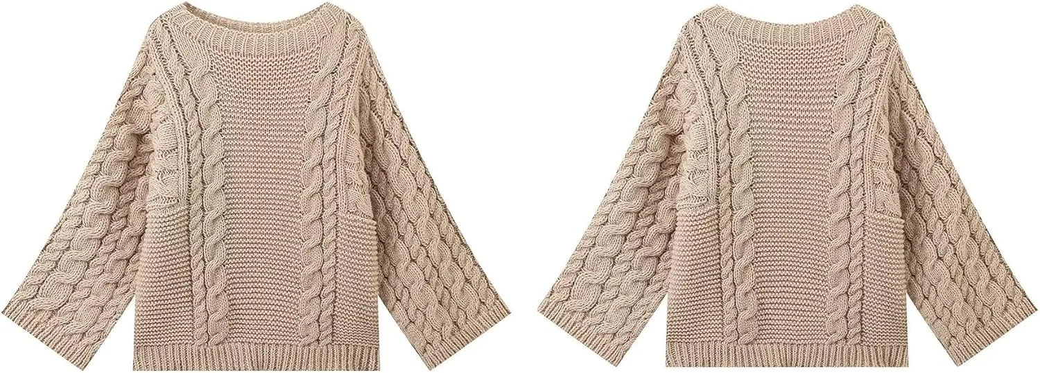 LETSVDO Women's Oversized Cable Knit Sweater Long Sleeve Crewneck Baggy Slouchy Chunky Pullover Sweaters