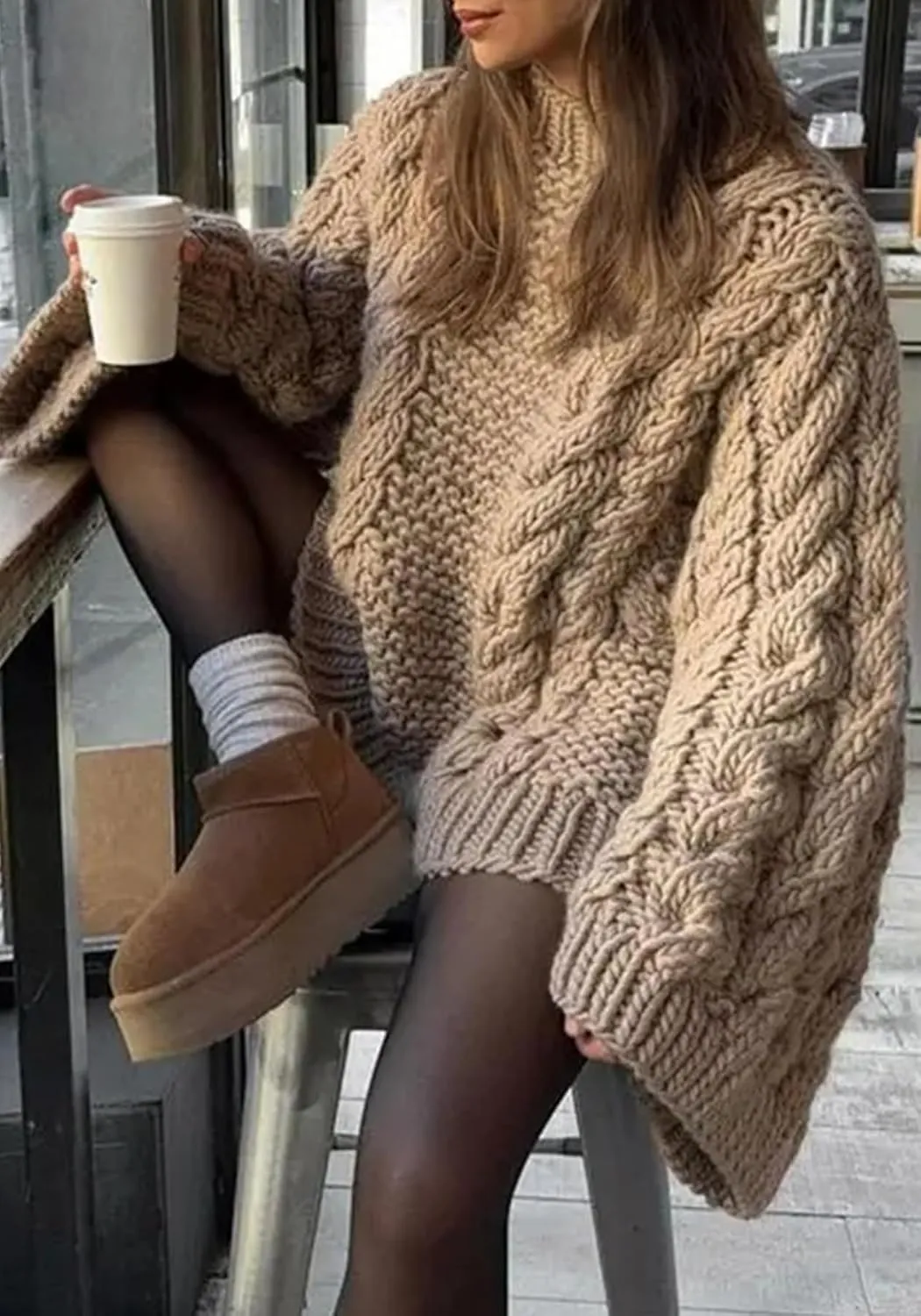 LETSVDO Women's Oversized Cable Knit Sweater Long Sleeve Crewneck Baggy Slouchy Chunky Pullover Sweaters