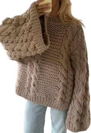 LETSVDO Women's Oversized Cable Knit Sweater Long Sleeve Crewneck Baggy Slouchy Chunky Pullover Sweaters