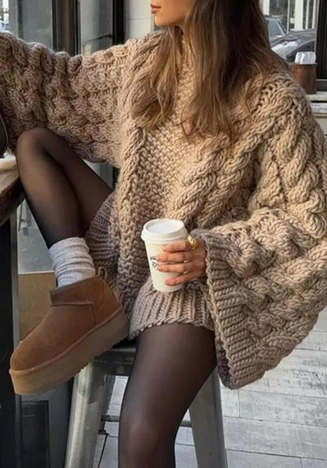LETSVDO Women's Oversized Cable Knit Sweater Long Sleeve Crewneck Baggy Slouchy Chunky Pullover Sweaters