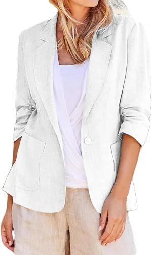Linen Blazer for Women 2024 3/4 Sleeve Suit Jackets Lightweight Casual Work Jacket Summer Trendy Cardigan