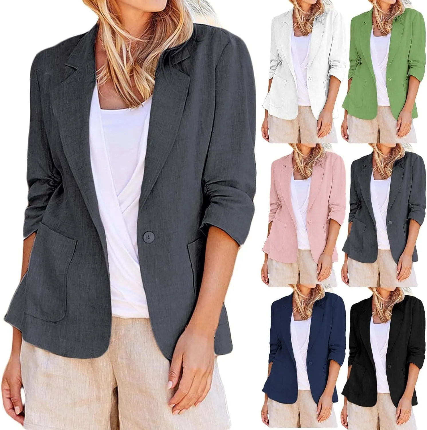 Linen Blazer for Women 2024 3/4 Sleeve Suit Jackets Lightweight Casual Work Jacket Summer Trendy Cardigan