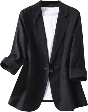 Linen Blazers for Women Business Casual Dressy Lapel Suit Blazer 3/4 Sleeve Lightweight Spring Summer Blazer Jackets