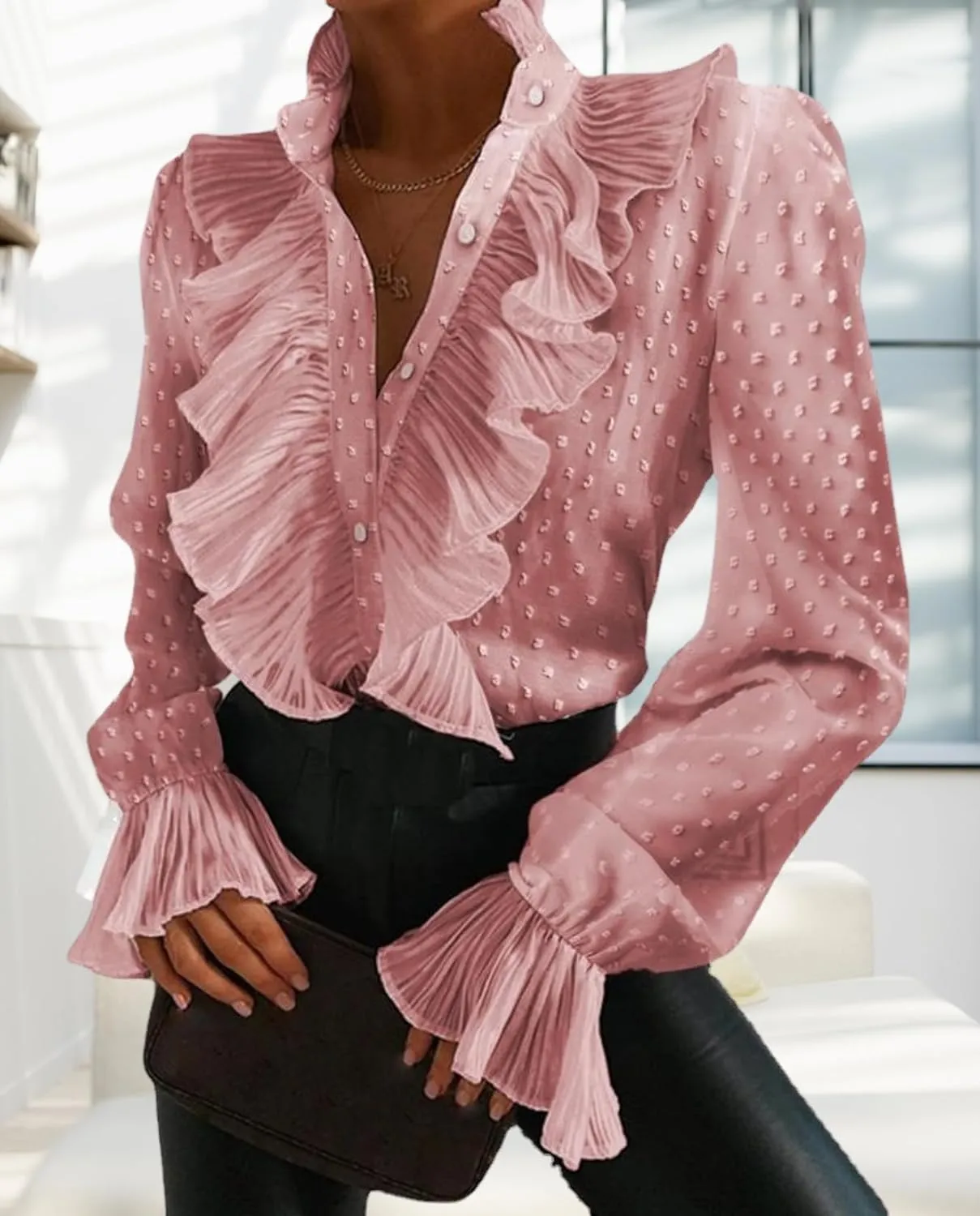 LOAIHA Womens Long Sleeve Blouse Ruffle Front Shirt Tops Button Down V Neck Dressy Chiffon Blouse Tops