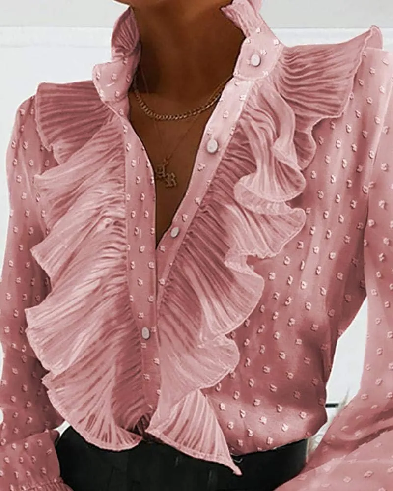 LOAIHA Womens Long Sleeve Blouse Ruffle Front Shirt Tops Button Down V Neck Dressy Chiffon Blouse Tops
