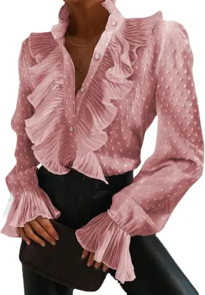 LOAIHA Womens Long Sleeve Blouse Ruffle Front Shirt Tops Button Down V Neck Dressy Chiffon Blouse Tops