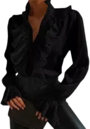 LOAIHA Womens Long Sleeve Blouse Ruffle Front Shirt Tops Button Down V Neck Dressy Chiffon Blouse Tops