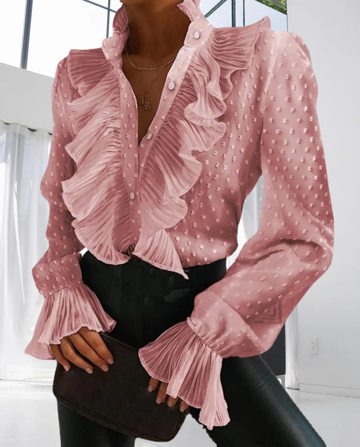 LOAIHA Womens Long Sleeve Blouse Ruffle Front Shirt Tops Button Down V Neck Dressy Chiffon Blouse Tops