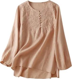 Long Sleeve Cotton Linen Shirts for Women Dressy Casual Button Down Embroidered Tops Loose Comfy Fall Blouses