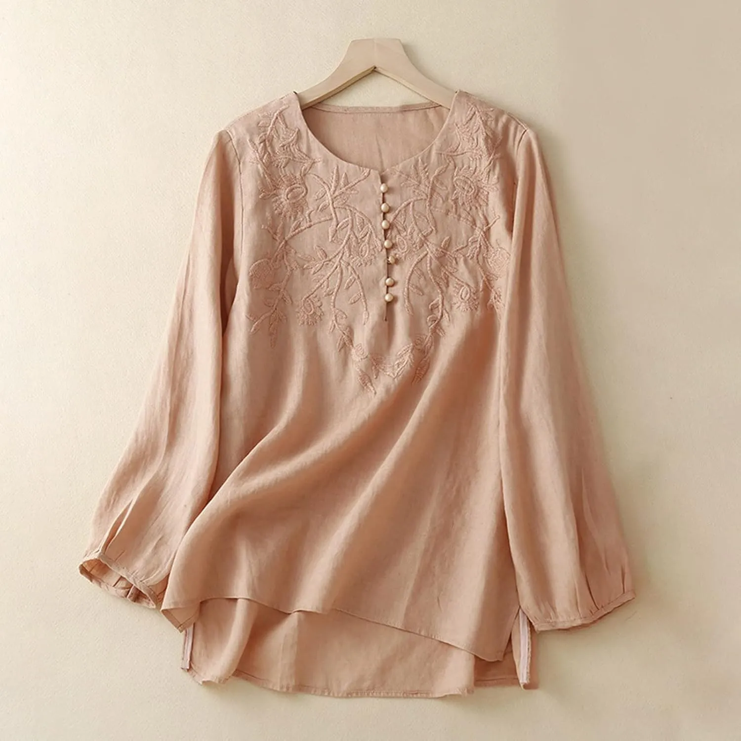 Long Sleeve Cotton Linen Shirts for Women Dressy Casual Button Down Embroidered Tops Loose Comfy Fall Blouses