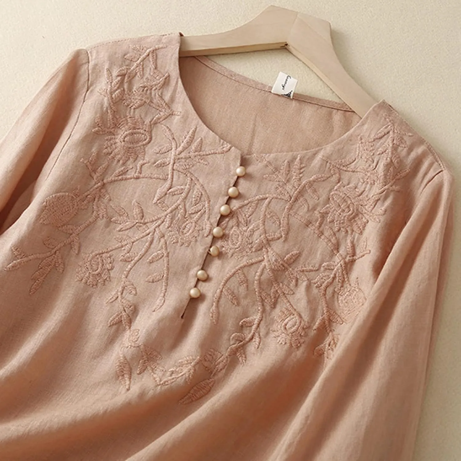 Long Sleeve Cotton Linen Shirts for Women Dressy Casual Button Down Embroidered Tops Loose Comfy Fall Blouses
