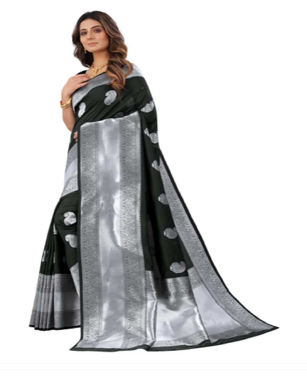 Lovely Black Color Banarasi Silk Saree with Beautiful Silver Zari Weaving for Special Occasion