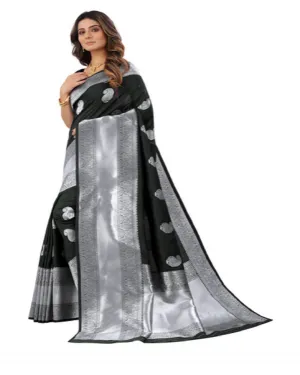 Lovely Black Color Banarasi Silk Saree with Beautiful Silver Zari Weaving for Special Occasion