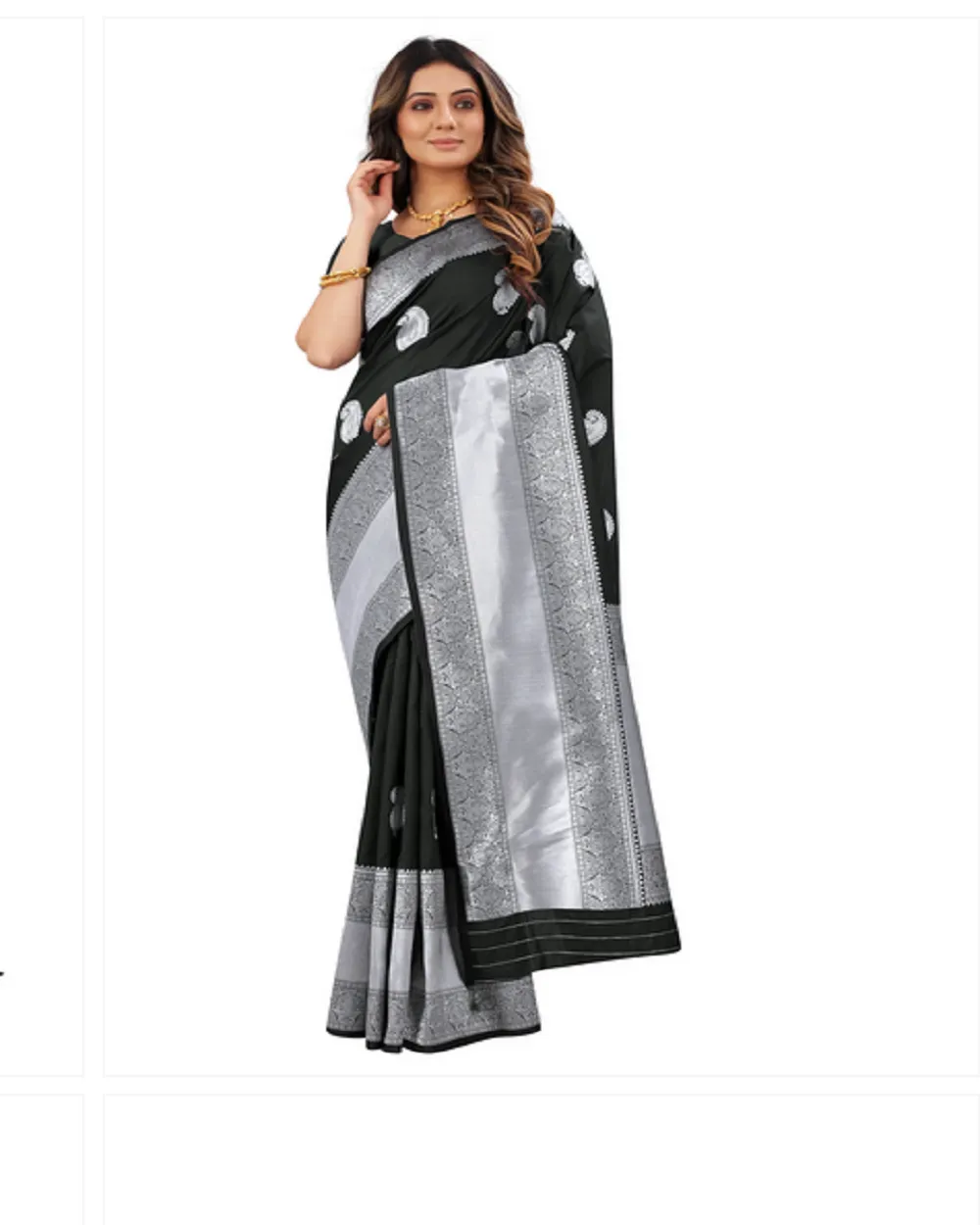 Lovely Black Color Banarasi Silk Saree with Beautiful Silver Zari Weaving for Special Occasion