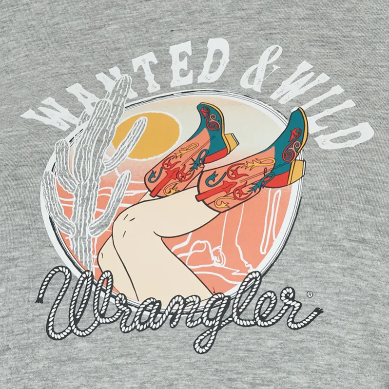 LWK588H - Wrangler Women's Retro Wanted & Wild Ringer Grey Graphic Tee