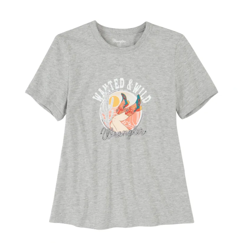 LWK588H - Wrangler Women's Retro Wanted & Wild Ringer Grey Graphic Tee
