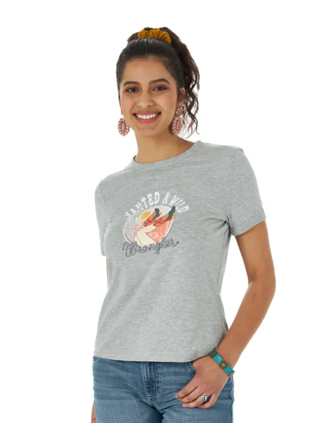 LWK588H - Wrangler Women's Retro Wanted & Wild Ringer Grey Graphic Tee