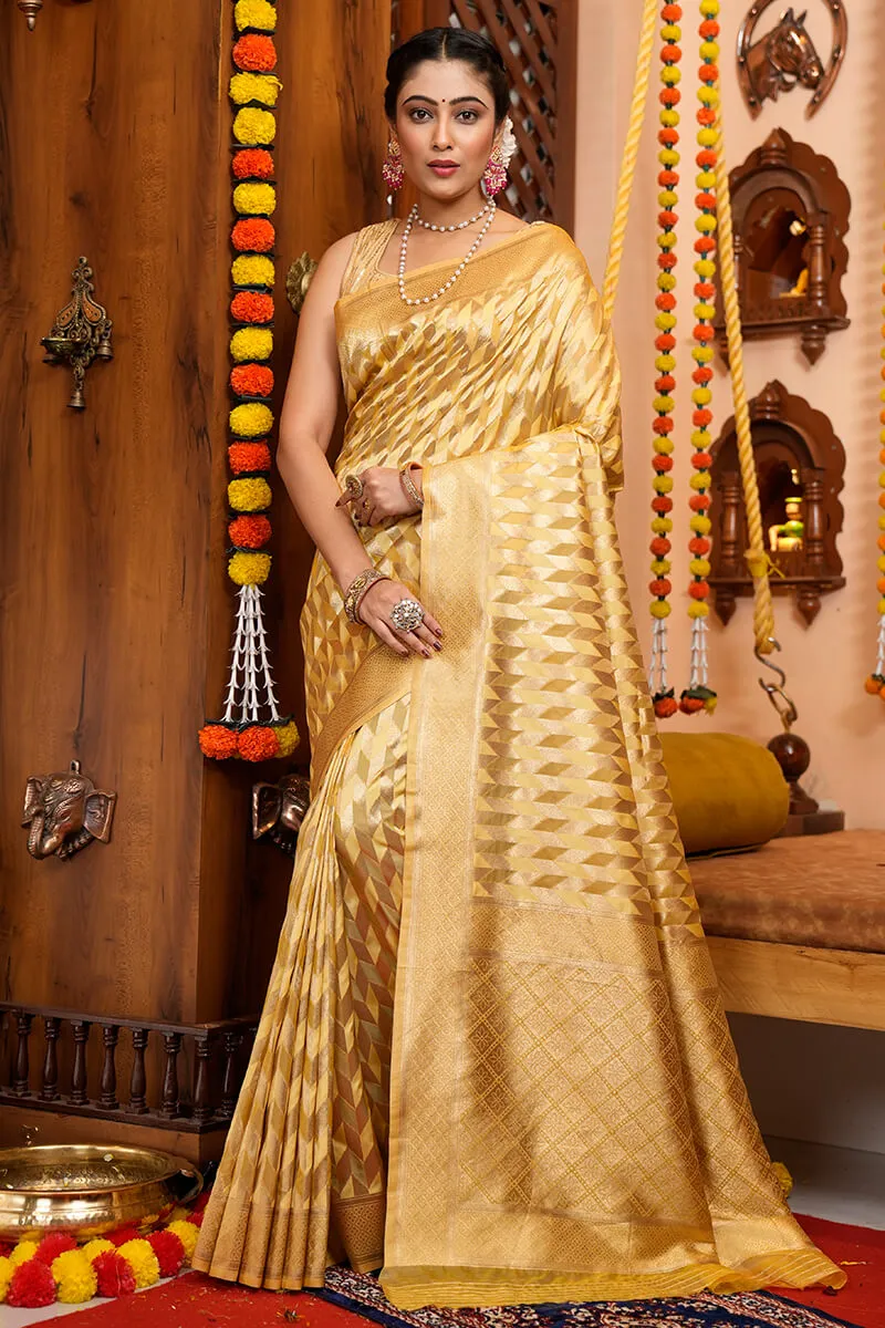 Magnetic Golden Organza Silk Saree With Pleasurable Blouse Piece