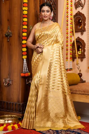 Magnetic Golden Organza Silk Saree With Pleasurable Blouse Piece