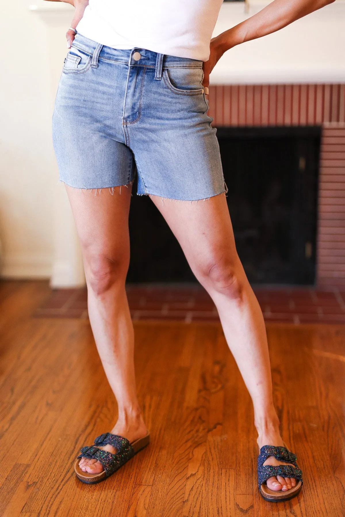 Medium Wash Mid Rise Cut Off Denim Shorts