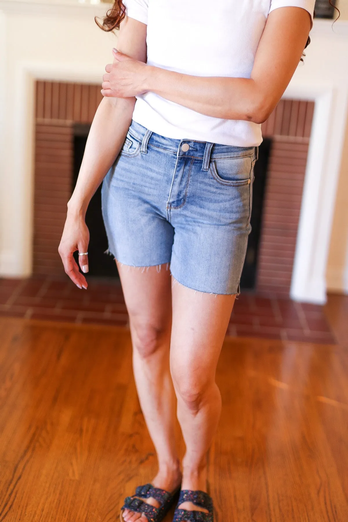 Medium Wash Mid Rise Cut Off Denim Shorts