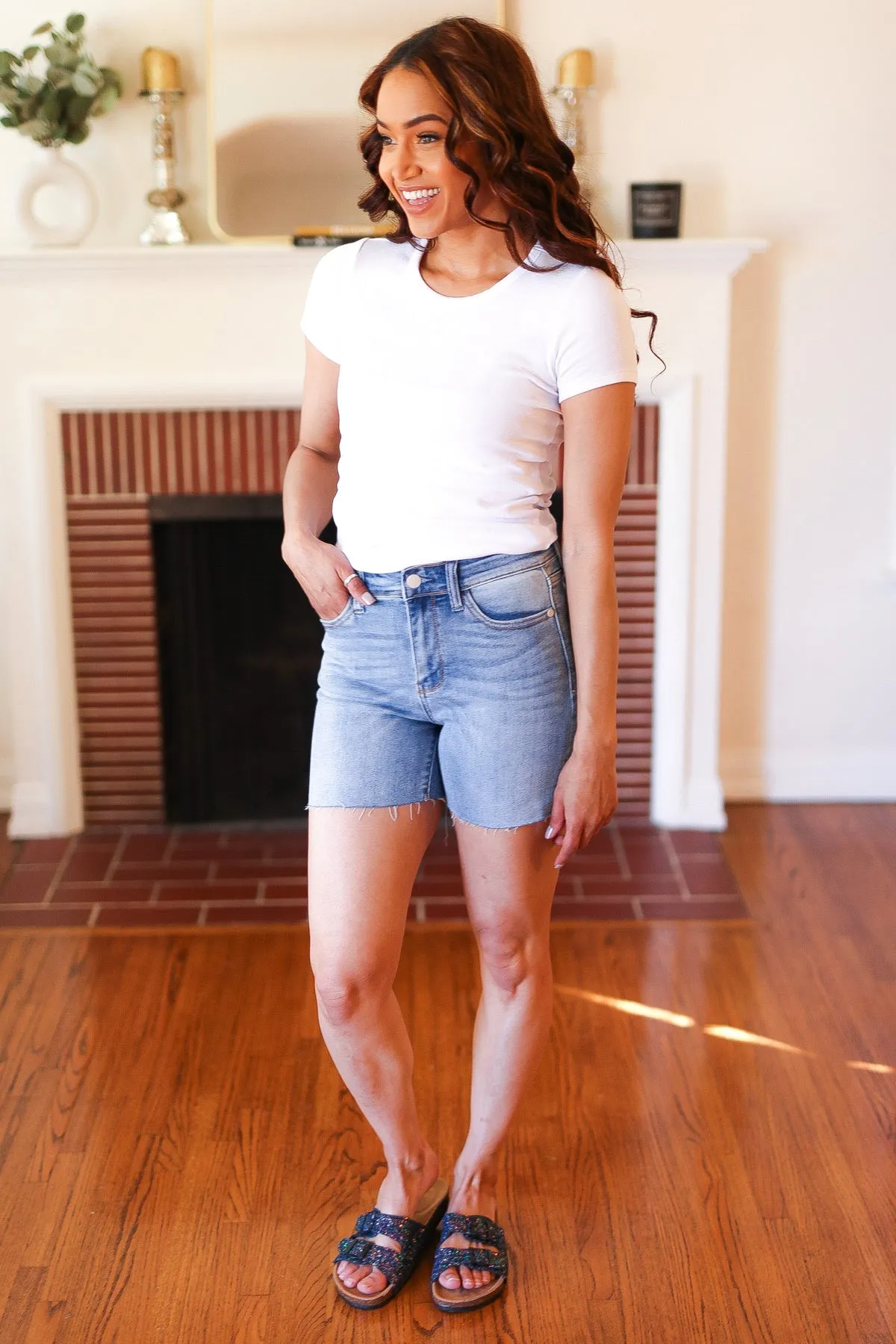 Medium Wash Mid Rise Cut Off Denim Shorts