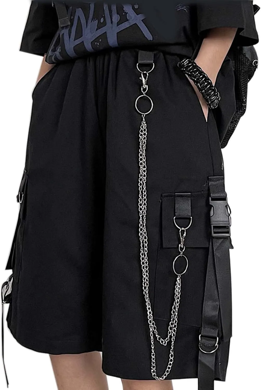 MEINVQIAOTI Black Cargo Pants for Women Street Harajuku Loose Straight Shorts Black Pants with Chains